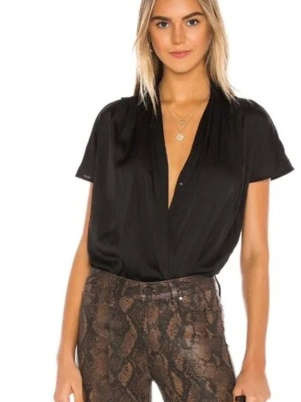 PAIGE Dijon Surplice Bodysuit in Black Blouse Top, Size XS